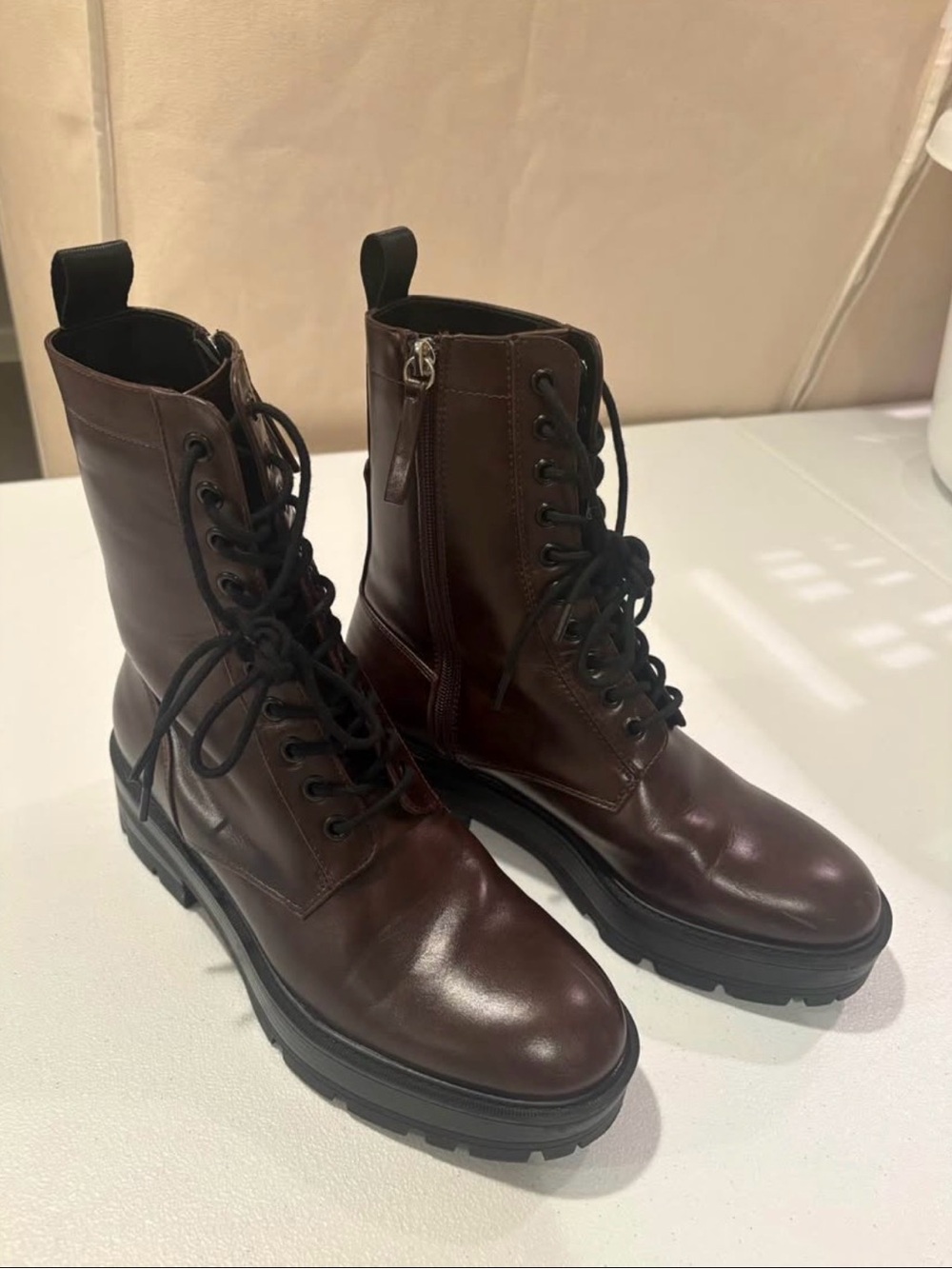 Zara Dark Brown Leather Combat Boots with Side Zipper